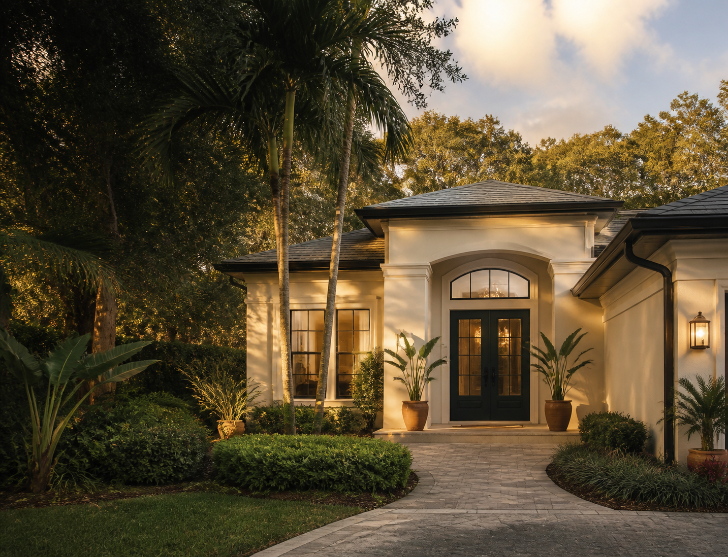 An elegant, carefully maintained Central Florida home at dusk