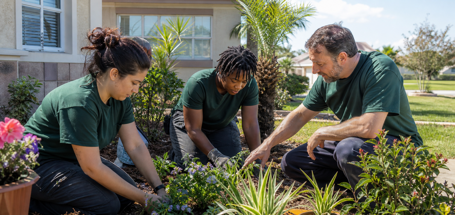 An inclusive property-care crew working together in a garden